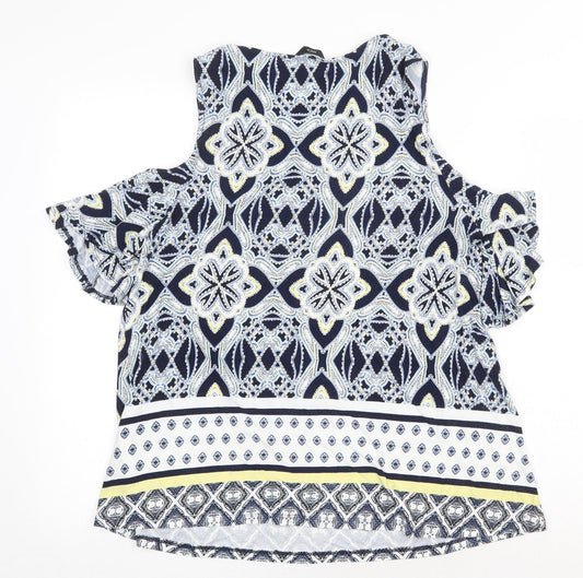 M&Co Womens Blue Geometric Viscose Basic Blouse Size 14 Scoop Neck - Cold Shoulder