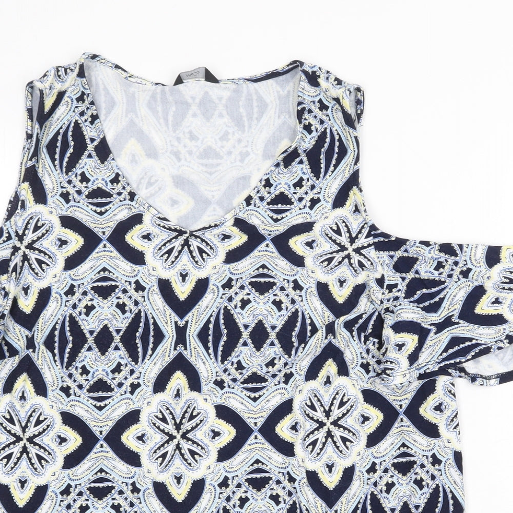 M&Co Womens Blue Geometric Viscose Basic Blouse Size 14 Scoop Neck - Cold Shoulder