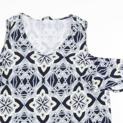 M&Co Womens Blue Geometric Viscose Basic Blouse Size 14 Scoop Neck - Cold Shoulder