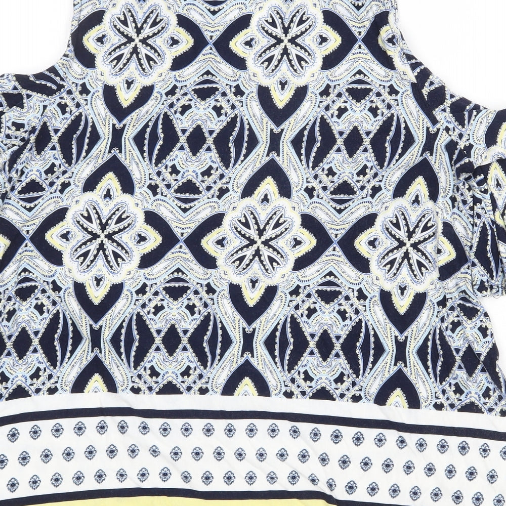 M&Co Womens Blue Geometric Viscose Basic Blouse Size 14 Scoop Neck - Cold Shoulder