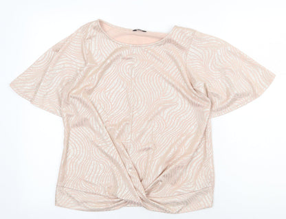 M&Co Womens Pink Geometric Polyester Basic T-Shirt Size 12 Round Neck - Knot Front