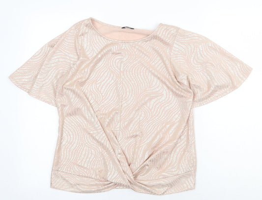 M&Co Womens Pink Geometric Polyester Basic T-Shirt Size 12 Round Neck - Knot Front