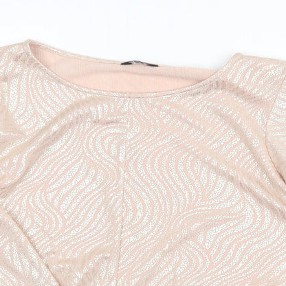 M&Co Womens Pink Geometric Polyester Basic T-Shirt Size 12 Round Neck - Knot Front