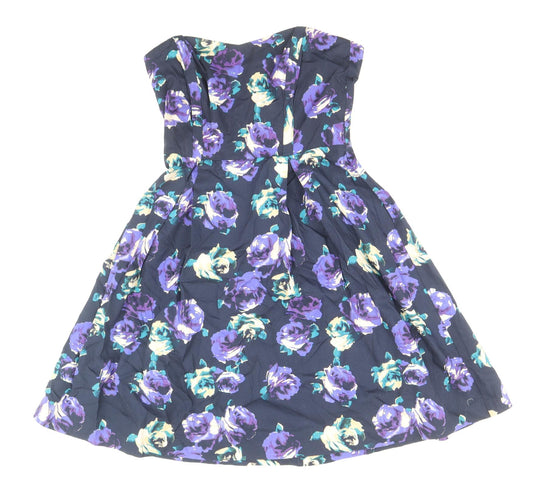 F&F Womens Blue Floral Cotton Fit & Flare Size 8 Off the Shoulder Zip