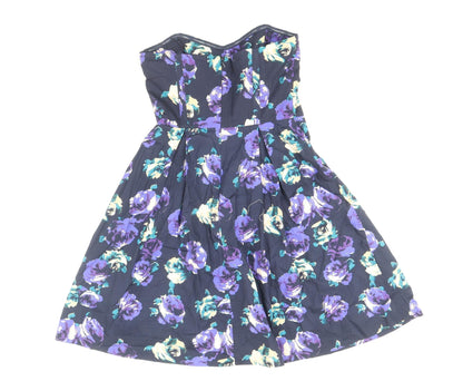 F&F Womens Blue Floral Cotton Fit & Flare Size 8 Off the Shoulder Zip