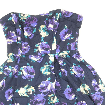 F&F Womens Blue Floral Cotton Fit & Flare Size 8 Off the Shoulder Zip