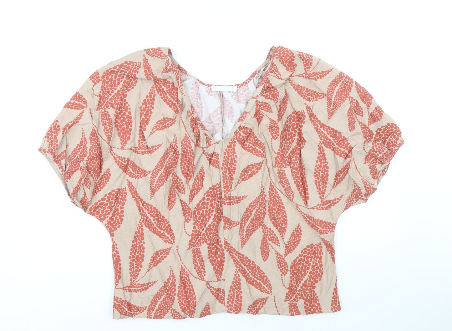 Primark Womens Brown Geometric Viscose Cropped Blouse Size 6 V-Neck - Leaf Print