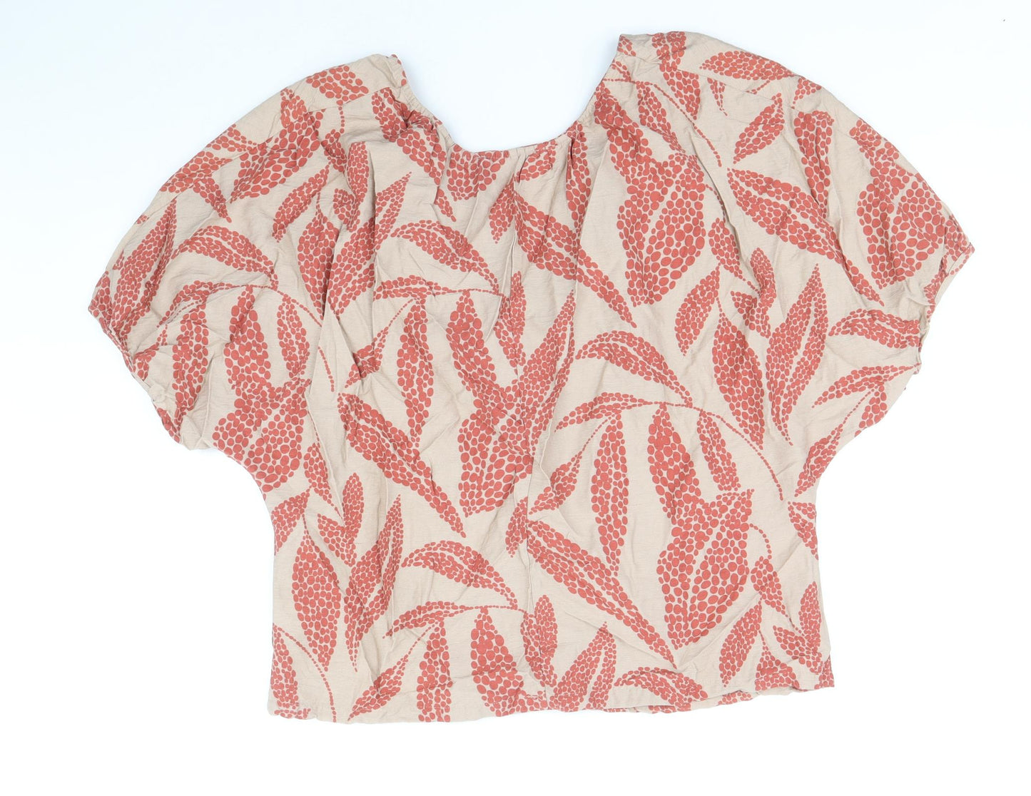 Primark Womens Brown Geometric Viscose Cropped Blouse Size 6 V-Neck - Leaf Print