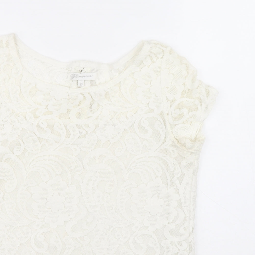 Glamorous Womens White Polyester Basic Blouse Size 10 Scoop Neck