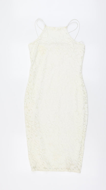 River Island Womens Ivory Floral Polyester Bodycon Size 8 Square Neck Pullover - Cross Strap Detail