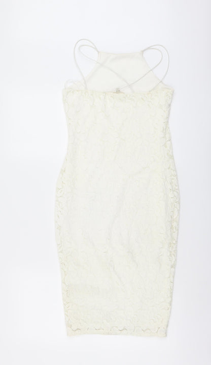 River Island Womens Ivory Floral Polyester Bodycon Size 8 Square Neck Pullover - Cross Strap Detail