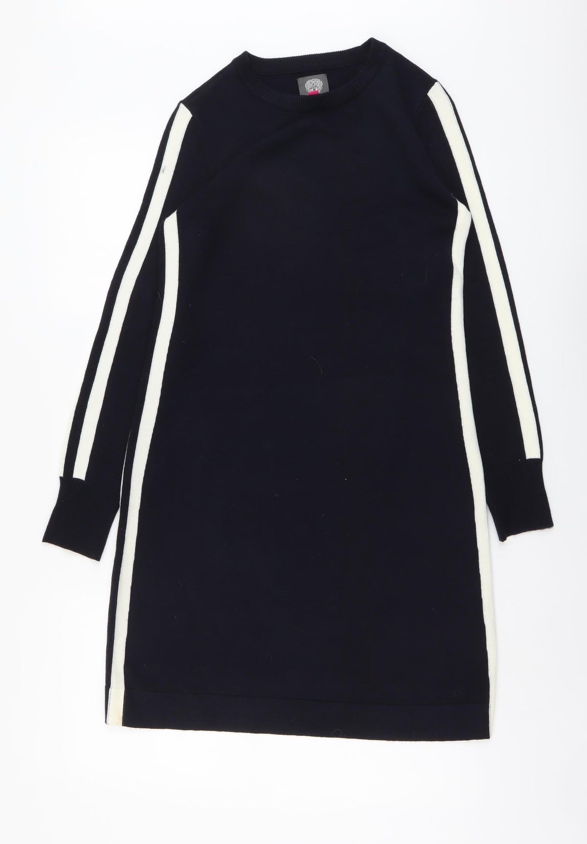 Front view of Vince Camuto women’s blue acrylic shift, size XS, round neck pullover