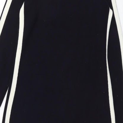 Brand and care label for Vince Camuto women’s blue acrylic shift, size XS, round neck pullover