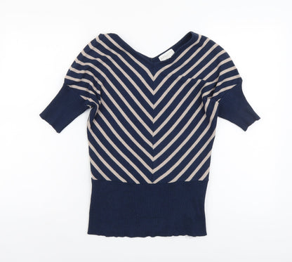 Apricot Womens Blue V-Neck Geometric Viscose Pullover Jumper Size 12