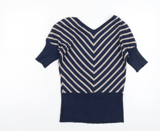 Apricot Womens Blue V-Neck Geometric Viscose Pullover Jumper Size 12