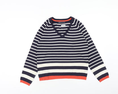 Marks and Spencer Womens Blue V-Neck Striped Acrylic Pullover Jumper Size 8