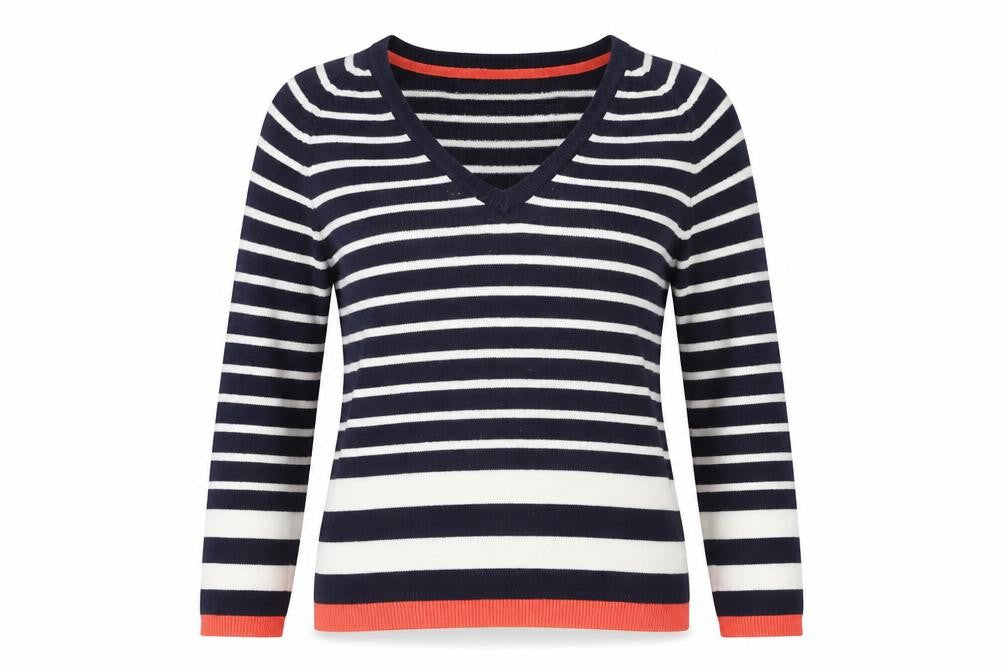 Marks and Spencer Womens Blue V-Neck Striped Acrylic Pullover Jumper Size 8