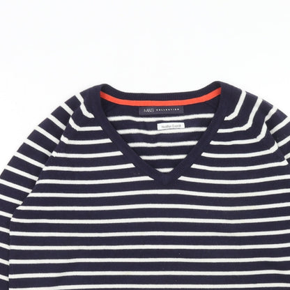 Marks and Spencer Womens Blue V-Neck Striped Acrylic Pullover Jumper Size 8