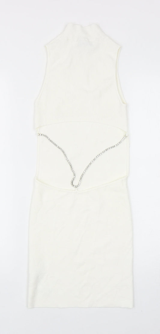 Bershka Womens White Viscose Bodycon Size S Mock Neck Pullover