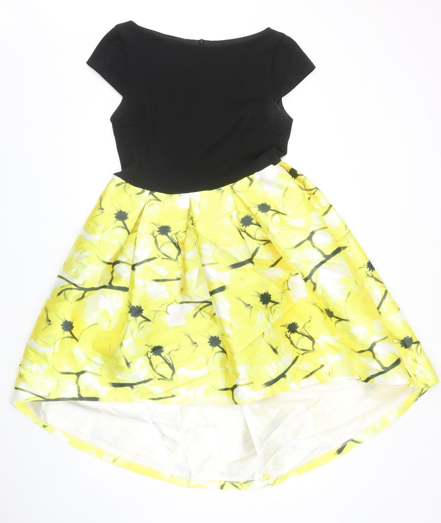 Lucy Wang Womens Yellow Geometric Polyester Skater Dress Size L Round Neck Zip