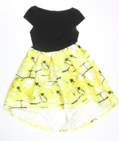 Lucy Wang Womens Yellow Geometric Polyester Skater Dress Size L Round Neck Zip