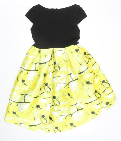 Lucy Wang Womens Yellow Geometric Polyester Skater Dress Size L Round Neck Zip