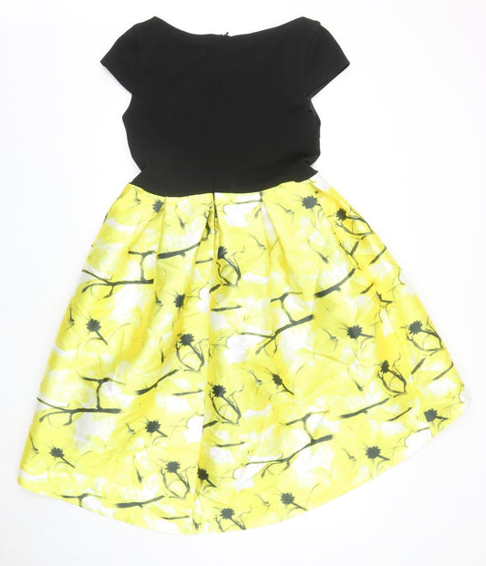 Lucy Wang Womens Yellow Geometric Polyester Skater Dress Size L Round Neck Zip