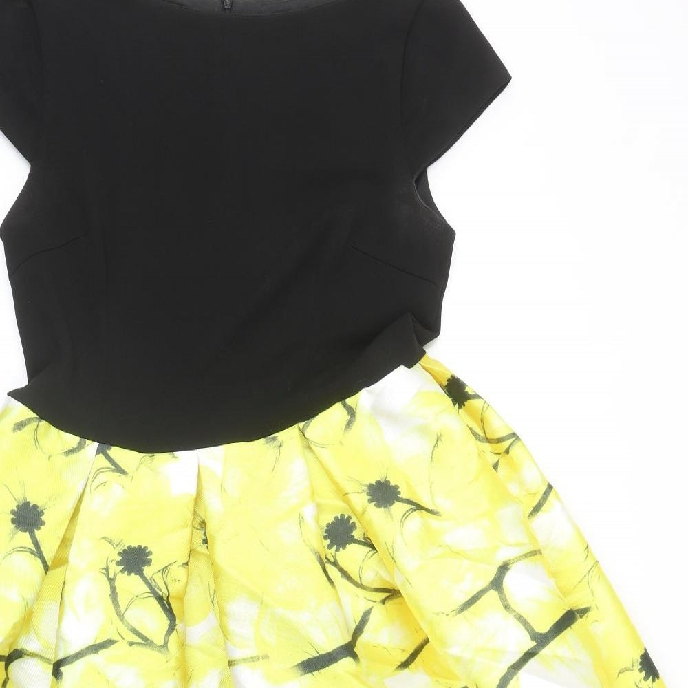 Lucy Wang Womens Yellow Geometric Polyester Skater Dress Size L Round Neck Zip