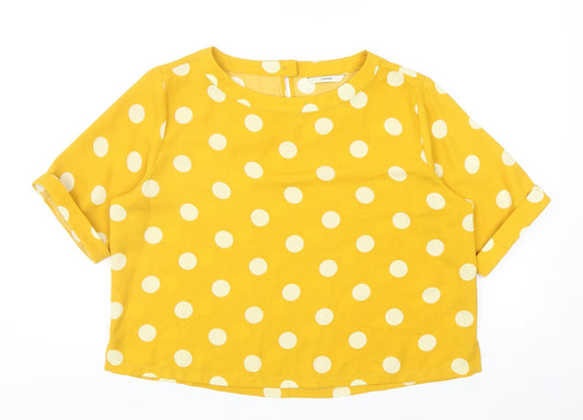 George Womens Yellow Polka Dot Polyester Cropped Blouse Size 12 Round Neck