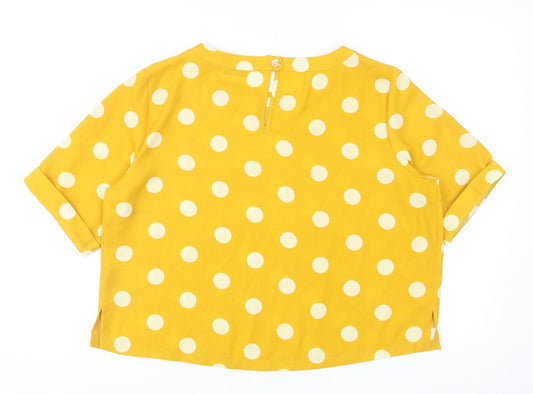 George Womens Yellow Polka Dot Polyester Cropped Blouse Size 12 Round Neck