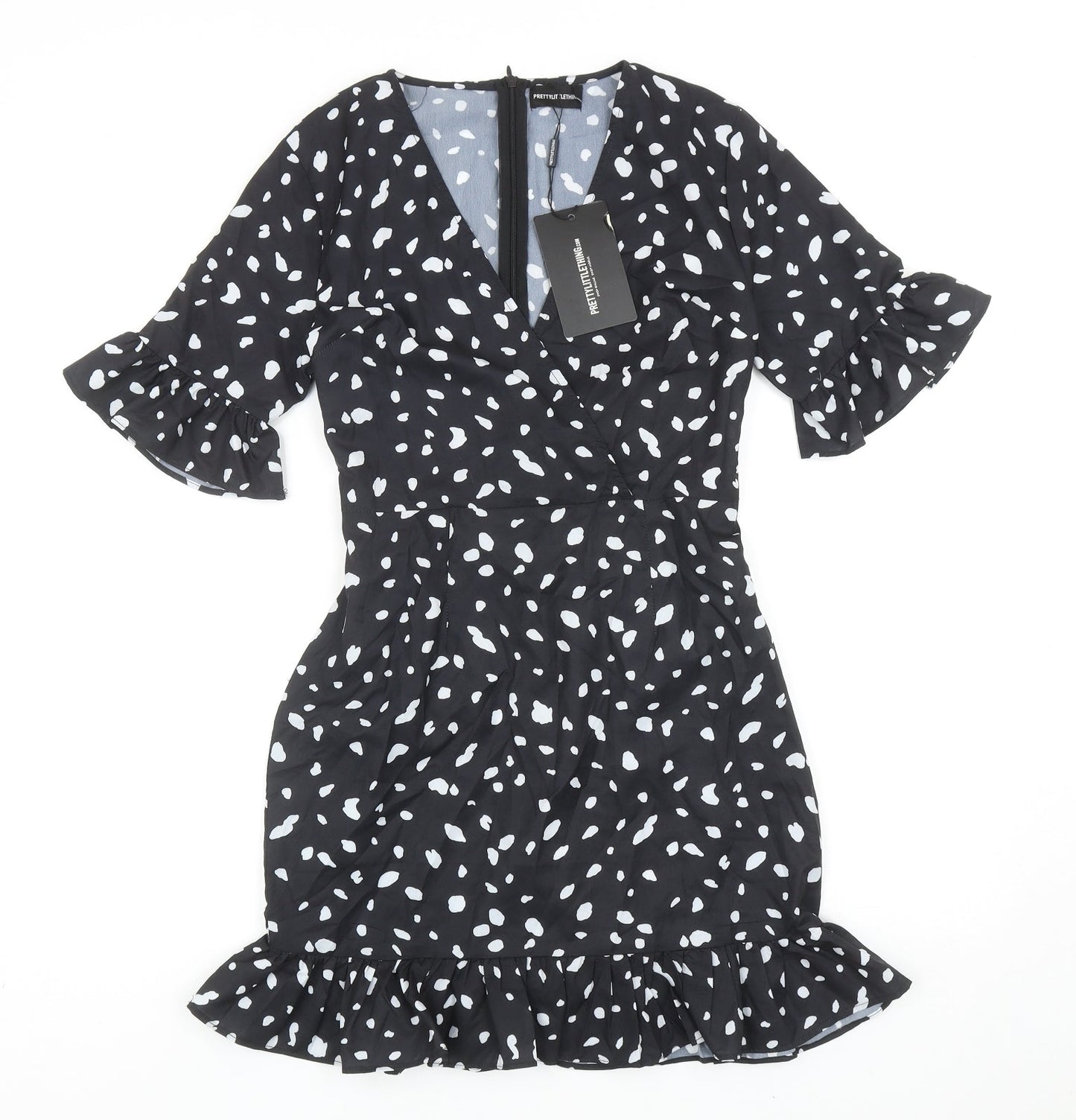 PRETTYLITTLETHING Womens Black Geometric Polyester A-Line Size 10 V-Neck Lace Up