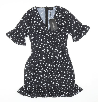 PRETTYLITTLETHING Womens Black Geometric Polyester A-Line Size 10 V-Neck Lace Up