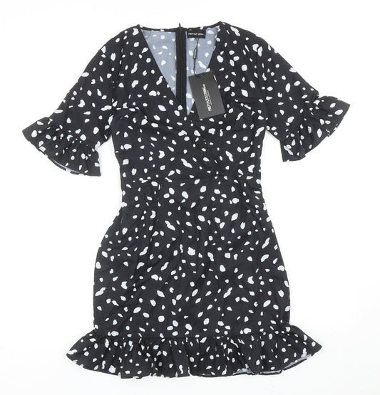 PRETTYLITTLETHING Womens Black Geometric Polyester A-Line Size 10 V-Neck Lace Up