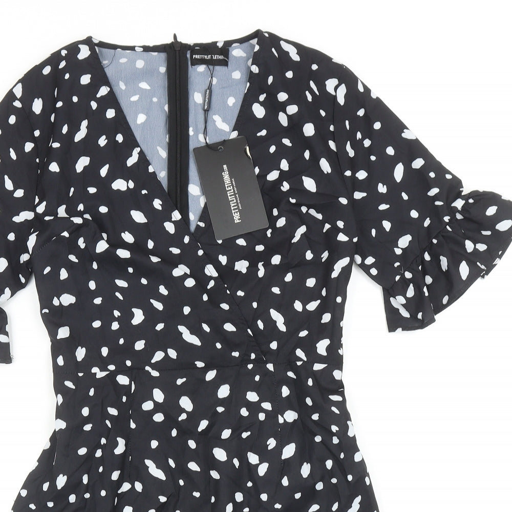 PRETTYLITTLETHING Womens Black Geometric Polyester A-Line Size 10 V-Neck Lace Up