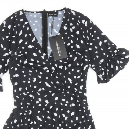 PRETTYLITTLETHING Womens Black Geometric Polyester A-Line Size 10 V-Neck Lace Up