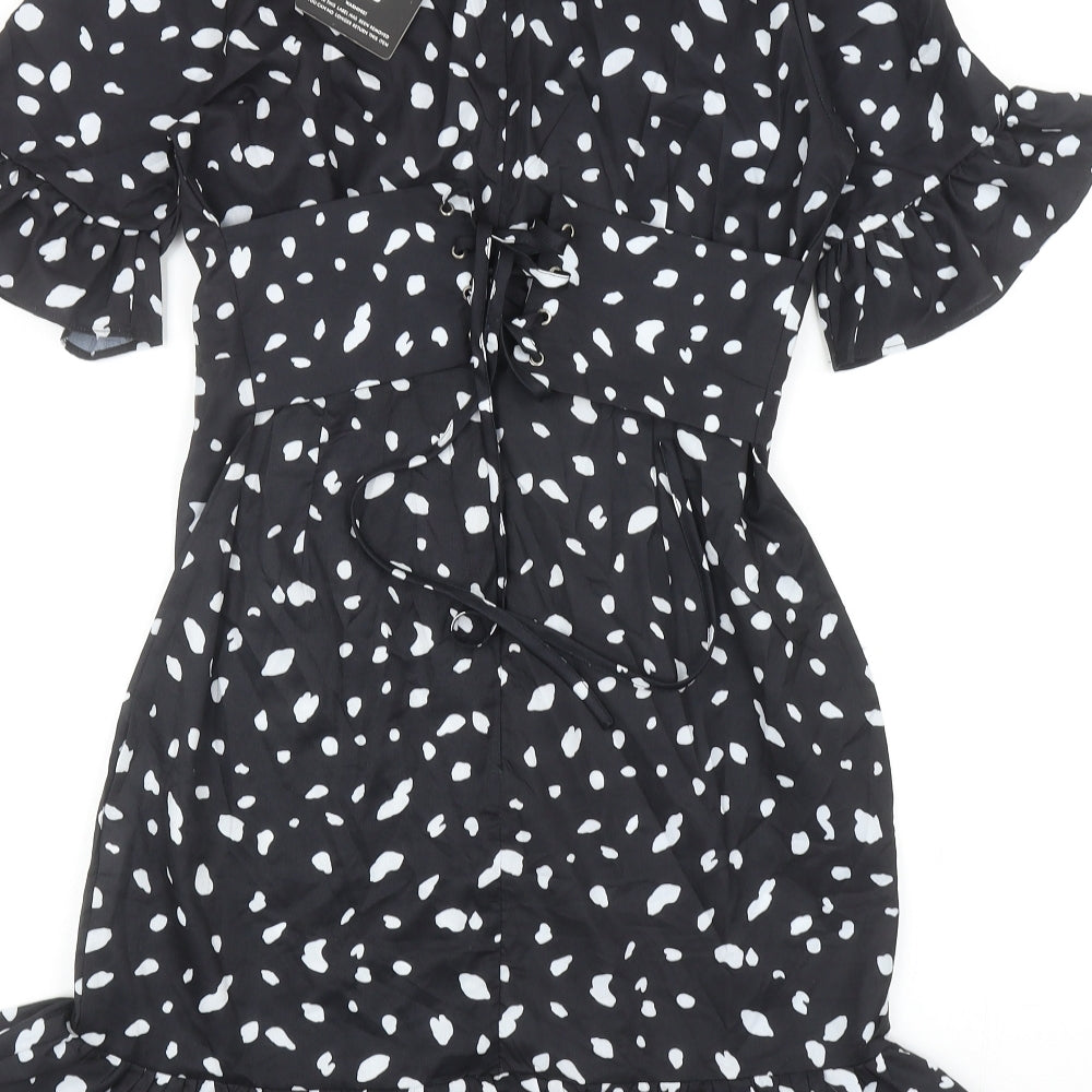 PRETTYLITTLETHING Womens Black Geometric Polyester A-Line Size 10 V-Neck Lace Up