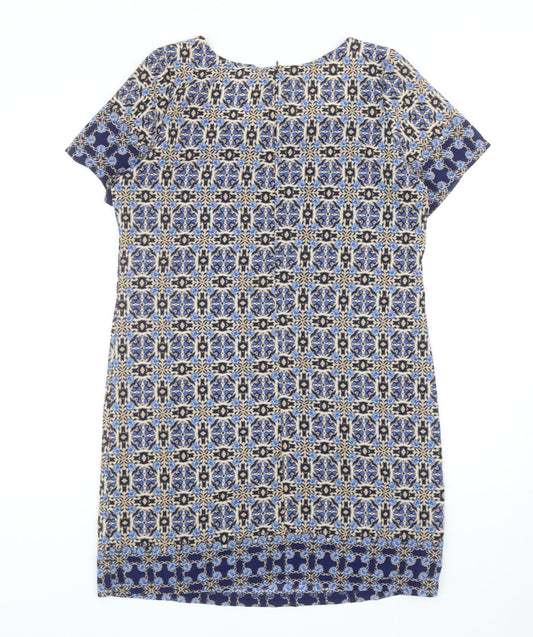 New Look Womens Blue Geometric Polyester A-Line Size 12 Round Neck Zip
