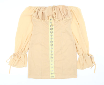 PRETTYLITTLETHING Womens Beige Polyester Bodycon Size 10 Off the Shoulder Hook & Eye