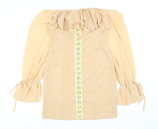 PRETTYLITTLETHING Womens Beige Polyester Bodycon Size 10 Off the Shoulder Hook & Eye