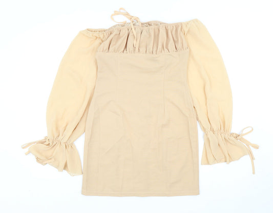 PRETTYLITTLETHING Womens Beige Polyester Bodycon Size 10 Off the Shoulder Hook & Eye