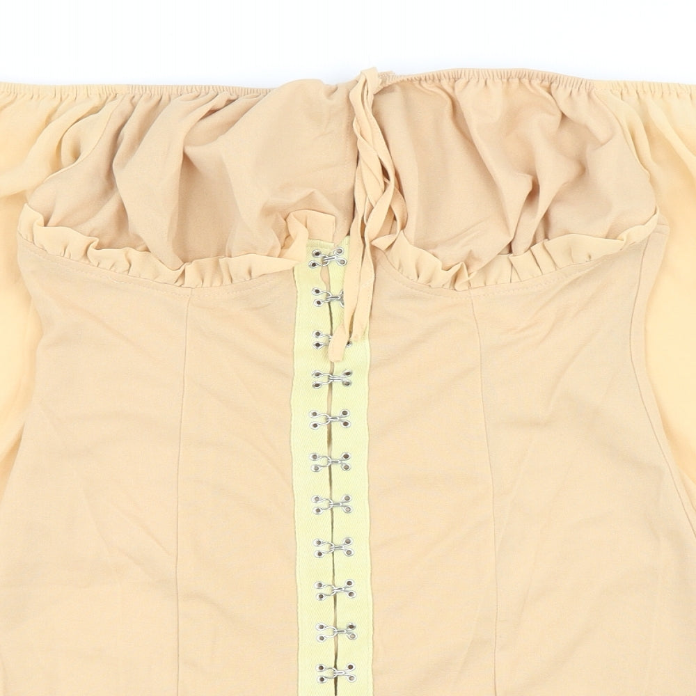 PRETTYLITTLETHING Womens Beige Polyester Bodycon Size 10 Off the Shoulder Hook & Eye