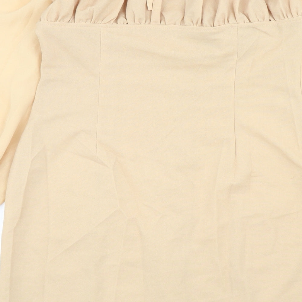 PRETTYLITTLETHING Womens Beige Polyester Bodycon Size 10 Off the Shoulder Hook & Eye