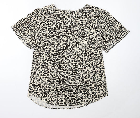 M&Co Womens Beige Animal Print Polyester Basic Blouse Size 10 Round Neck - Leopard Pattern