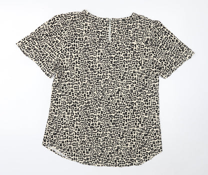 M&Co Womens Beige Animal Print Polyester Basic Blouse Size 10 Round Neck - Leopard Pattern