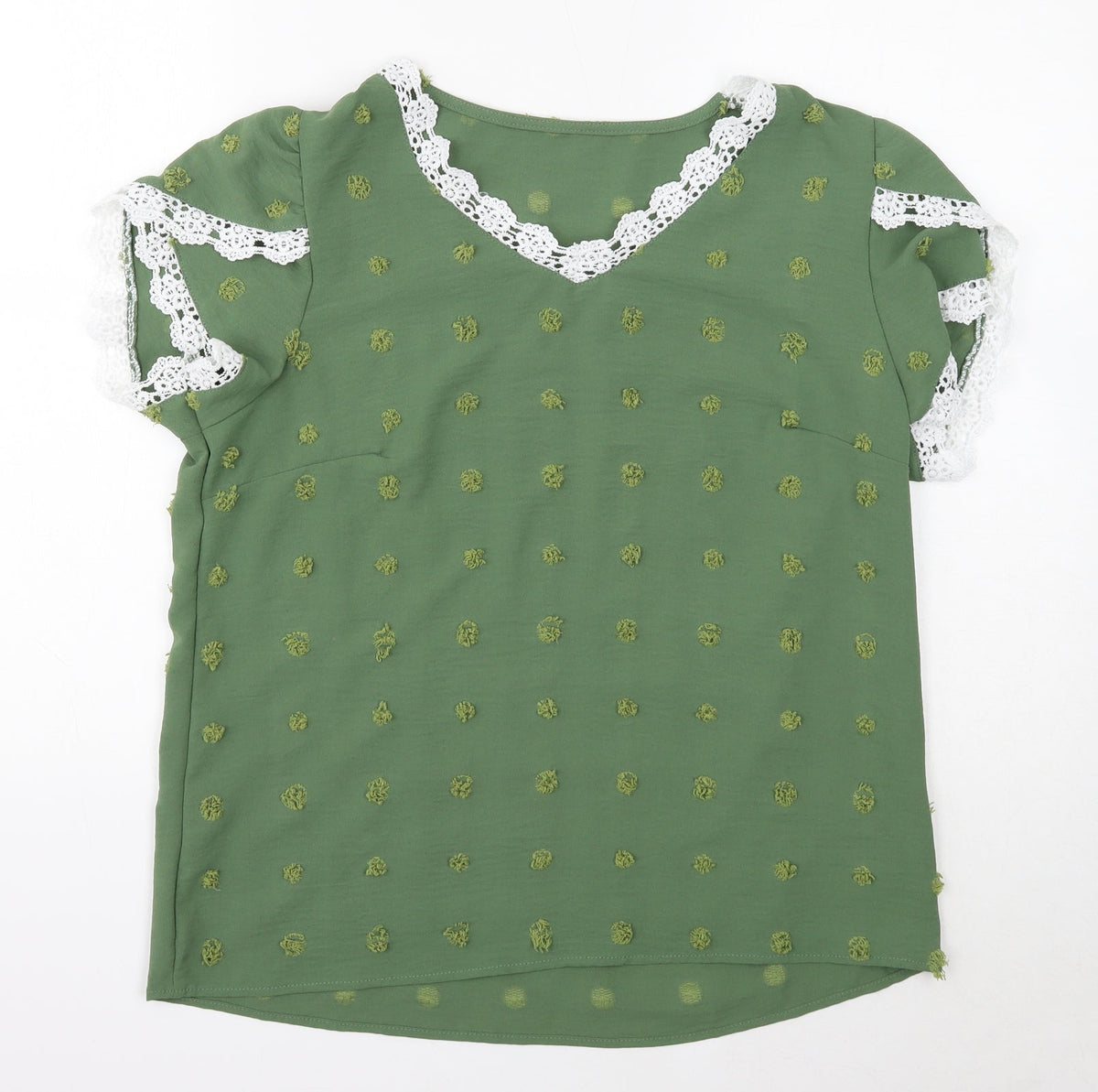 Grefit Womens Green Geometric Polyester Basic Blouse Size L V-Neck