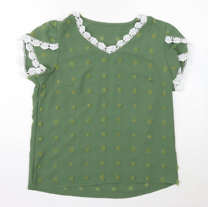 Grefit Womens Green Geometric Polyester Basic Blouse Size L V-Neck