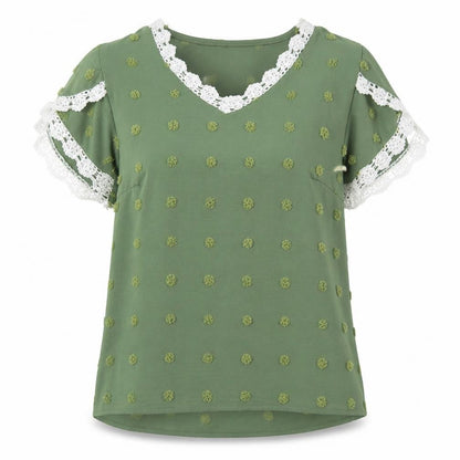 Grefit Womens Green Geometric Polyester Basic Blouse Size L V-Neck