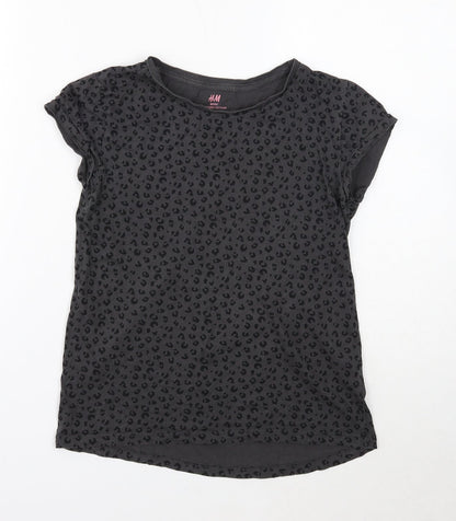 H&M Girls Grey Animal Print Cotton Basic T-Shirt Size 10 Years Round Neck Pullover - Leopard print