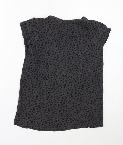 H&M Girls Grey Animal Print Cotton Basic T-Shirt Size 10 Years Round Neck Pullover - Leopard print