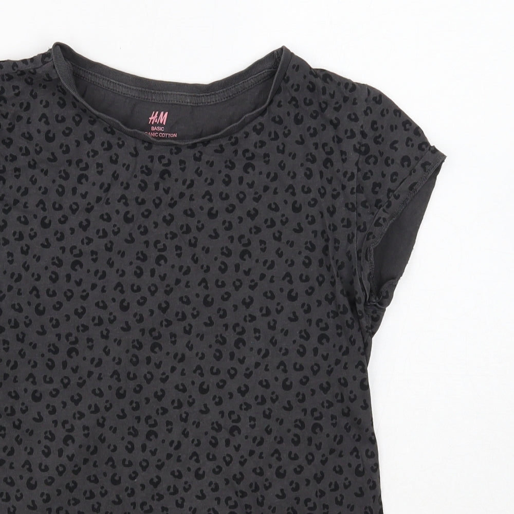H&M Girls Grey Animal Print Cotton Basic T-Shirt Size 10 Years Round Neck Pullover - Leopard print